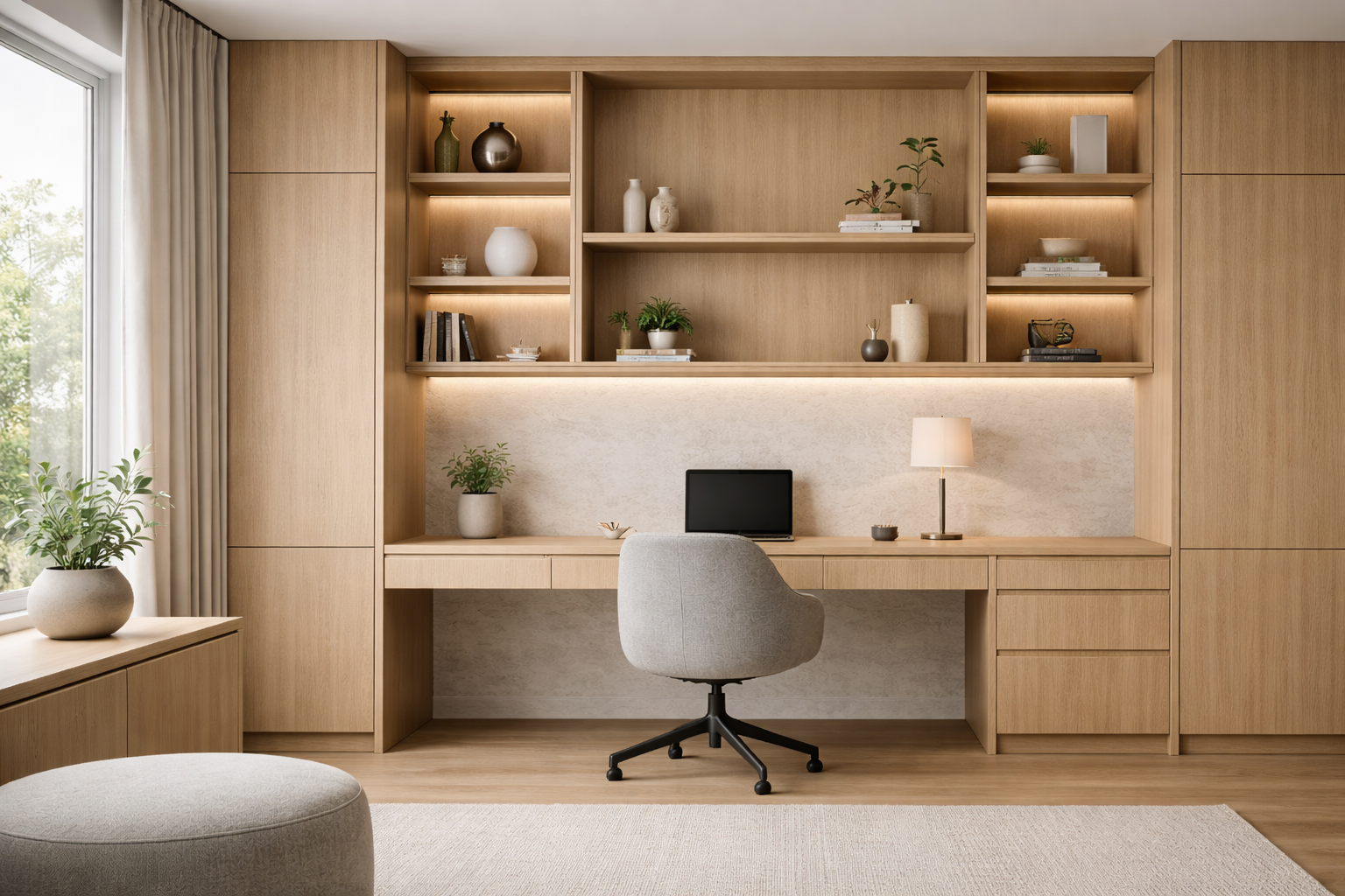 Custom light oak home office joinery with integrated shelving, desk and LED lighting in a modern Melbourne home