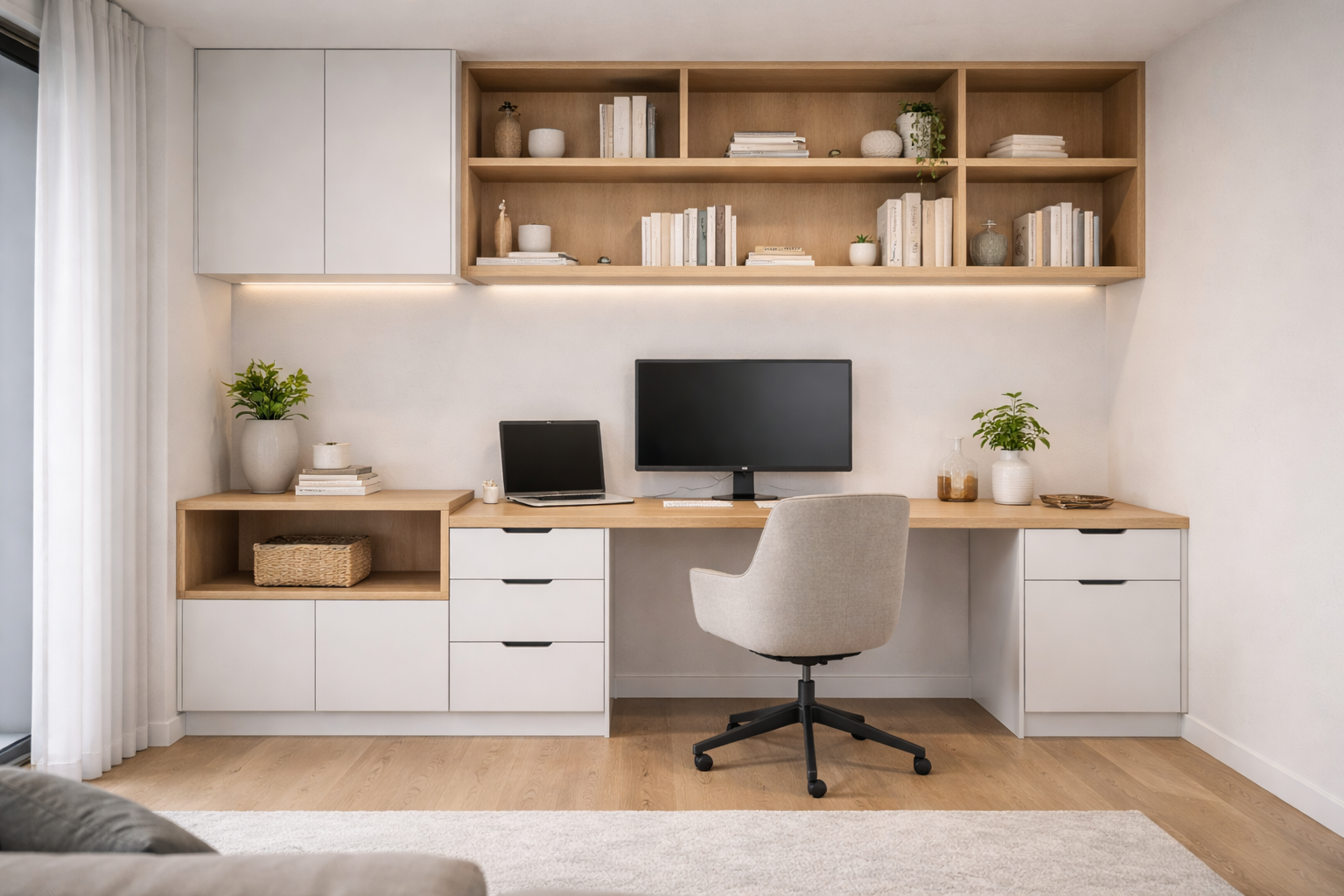 Custom home office and study nook joinery with built-in desk, shelving and monitor setup in a Melbourne home