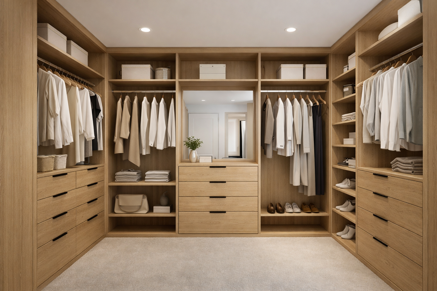 Custom walk-in robe cabinetry with drawers and hanging storage in Melbourne