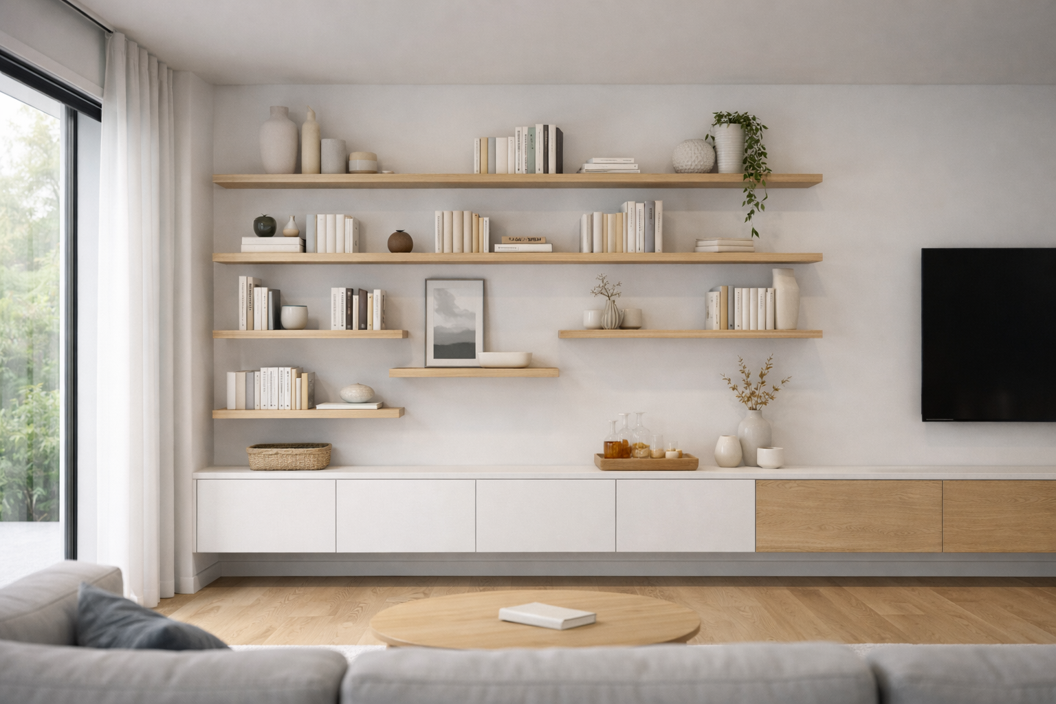 Floating shelves and feature wall joinery for living spaces in Melbourne